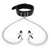 Черный ошейник с зажимами на соски на цепочке - Notabu - купить с доставкой в Красногорске