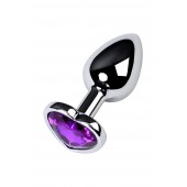 Серебристая коническая анальная пробка с фиолетовым кристаллом-сердечком - 7 см. - ToyFa - купить с доставкой в Красногорске