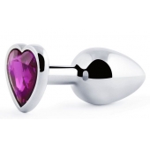 Серебристая анальная пробка с фиолетовым кристаллом-сердечком - 8 см. - Anal Jewelry Plug - купить с доставкой в Красногорске