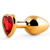 Золотистая анальная пробка с красным стразом-сердечком - 8 см. - Anal Jewelry Plug - купить с доставкой в Красногорске