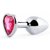 Серебристая анальная пробка с розовым кристаллом-сердечком - 7 см. - Anal Jewelry Plug - купить с доставкой в Красногорске