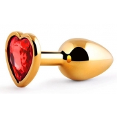 Золотистая анальная пробка с красным стразом-сердечком - 7 см. - Anal Jewelry Plug - купить с доставкой в Красногорске