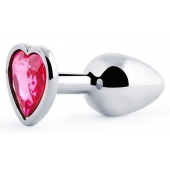Серебристая анальная пробка с малиновым кристаллом-сердечком - 7 см. - Anal Jewelry Plug - купить с доставкой в Красногорске