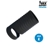 Черная открытая насадка на пенис с кольцом для мошонки L-size - 8,5 см. - Sex Expert - в Красногорске купить с доставкой