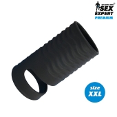 Черная открытая насадка на пенис с кольцом для мошонки XXL-size - 9,4 см. - Sex Expert - в Красногорске купить с доставкой