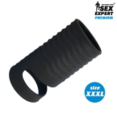 Черная открытая насадка на пенис с кольцом для мошонки XXXL-size - 9,9 см. - Sex Expert - в Красногорске купить с доставкой