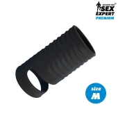 Черная открытая насадка на пенис с кольцом для мошонки size M - 7,9 см. - Sex Expert - в Красногорске купить с доставкой