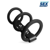 Черное тройное эрекционное кольцо с ремешком - Sex Expert - в Красногорске купить с доставкой