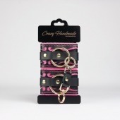 Черные кожаные наручники с розовой строчкой - Crazy Handmade - купить с доставкой в Красногорске