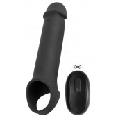 Черная вибронасадка для пениса с хомутом для мошонки и пультом ДУ Remote Controlled Penis Extension - Orion - в Красногорске купить с доставкой