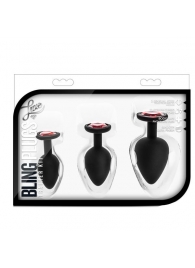 Набор черных анальных пробок с красным кристаллом-сердечком Bling Plugs Training Kit - Blush Novelties - купить с доставкой в Красногорске