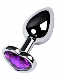 Серебристая коническая анальная пробка с фиолетовым кристаллом-сердечком - 7 см. - ToyFa - купить с доставкой в Красногорске