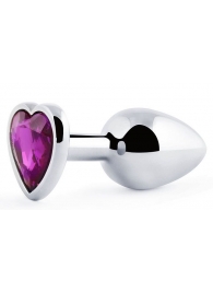 Серебристая анальная пробка с фиолетовым кристаллом-сердечком - 8 см. - Anal Jewelry Plug - купить с доставкой в Красногорске