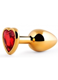 Золотистая анальная пробка с красным стразом-сердечком - 8 см. - Anal Jewelry Plug - купить с доставкой в Красногорске