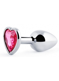 Серебристая анальная пробка с розовым кристаллом-сердечком - 7 см. - Anal Jewelry Plug - купить с доставкой в Красногорске