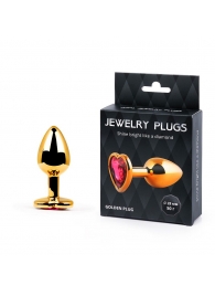 Золотистая анальная пробка с малиновым кристаллом-сердечком - 7 см. - Anal Jewelry Plug - купить с доставкой в Красногорске