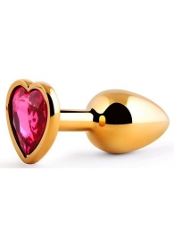 Золотистая анальная пробка с малиновым кристаллом-сердечком - 7 см. - Anal Jewelry Plug - купить с доставкой в Красногорске