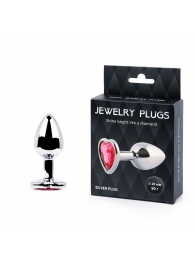 Серебристая анальная пробка с малиновым кристаллом-сердечком - 7 см. - Anal Jewelry Plug - купить с доставкой в Красногорске