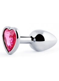 Серебристая анальная пробка с малиновым кристаллом-сердечком - 7 см. - Anal Jewelry Plug - купить с доставкой в Красногорске