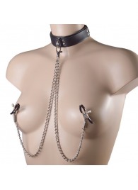 Черный ошейник с металлическими зажимами на соски и поводком - Sitabella - купить с доставкой в Красногорске