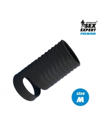 Черная открытая насадка на пенис с кольцом для мошонки size M - 7,9 см. - Sex Expert - в Красногорске купить с доставкой