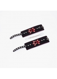 Черные кожаные наручники с красным декором и строчкой - Crazy Handmade - купить с доставкой в Красногорске