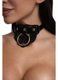 Черный фигурный кожаный ошейник с золотистой фурнитурой - Crazy Handmade - купить с доставкой в Красногорске