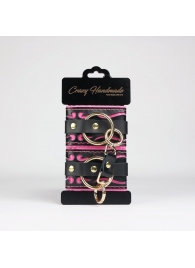 Черные кожаные наручники с розовой строчкой - Crazy Handmade - купить с доставкой в Красногорске