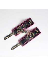 Черные кожаные наручники с розовой строчкой - Crazy Handmade - купить с доставкой в Красногорске