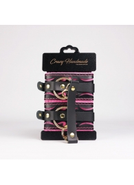 Черные кожаные оковы с розовой строчкой - Crazy Handmade - купить с доставкой в Красногорске