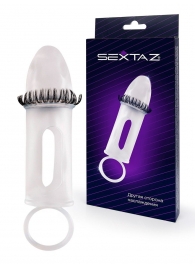 Закрытая насадка на пенис с подхватом мошонки и стимулирующими «ресничками» - Sextaz - в Красногорске купить с доставкой