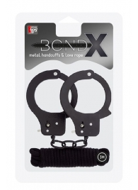 Чёрные наручники из листового металла в комплекте с веревкой BONDX METAL CUFFS LOVE ROPE SET - Dream Toys - купить с доставкой в Красногорске