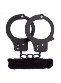 Чёрные наручники из листового металла в комплекте с веревкой BONDX METAL CUFFS LOVE ROPE SET - Dream Toys - купить с доставкой в Красногорске