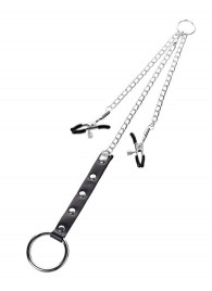 Серебристо-чёрные зажимы для сосков с кольцом для пениса TOYFA Metal - ToyFa - купить с доставкой в Красногорске