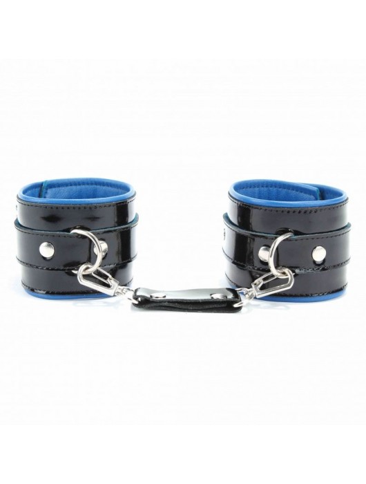 Чёрные лаковые наручники с синим подкладом - БДСМ Арсенал - купить с доставкой в Красногорске