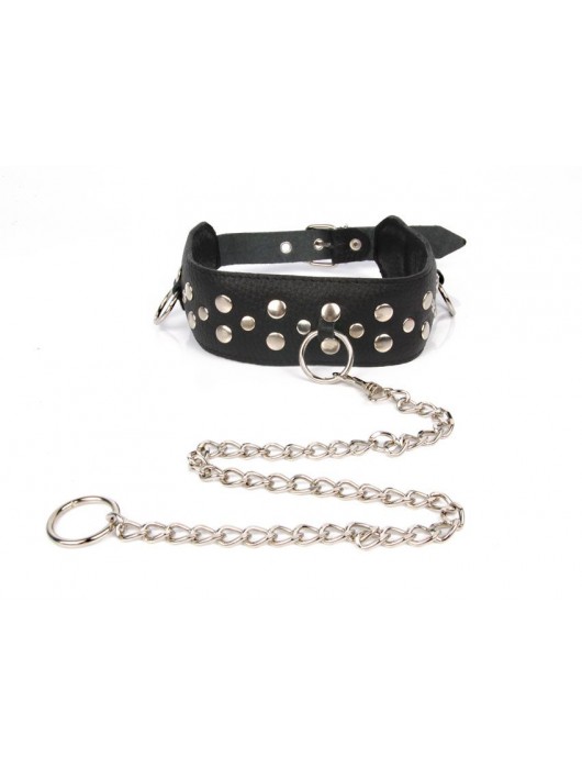 Черный ошейник с заклепками с металлическим поводком-цепочкой - Notabu - купить с доставкой в Красногорске
