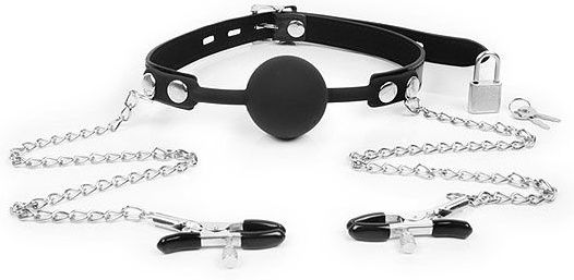 Черный кляп-шарик с зажимами на соски на металлической цепочке - Notabu - купить с доставкой в Красногорске