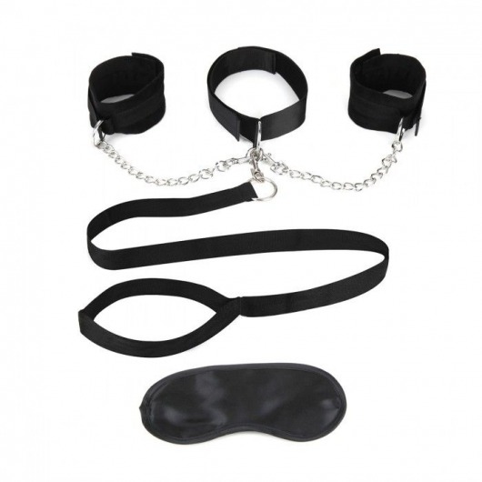 Чёрный ошейник с наручниками и поводком Collar Cuffs   Leash Set - Lux Fetish - купить с доставкой в Красногорске