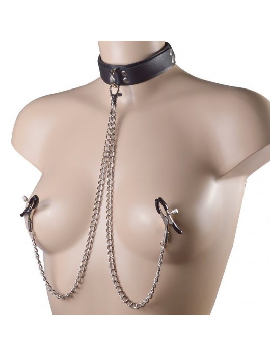 Черный ошейник с металлическими зажимами на соски и поводком - Sitabella - купить с доставкой в Красногорске