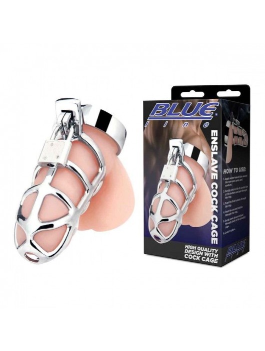 Серебристая металлическая клетка для члена с замком Enslave Cock Cage - BlueLine - купить с доставкой в Красногорске