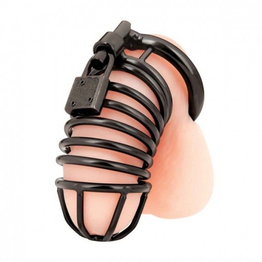 Черная металлическая клетка с замком Deluxe Chastity Cage - BlueLine - купить с доставкой в Красногорске