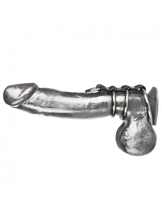 Хомут на пенис из трех металлических колец и кольца для привязи 3 RING GATES OF HELL - BlueLine - купить с доставкой в Красногорске