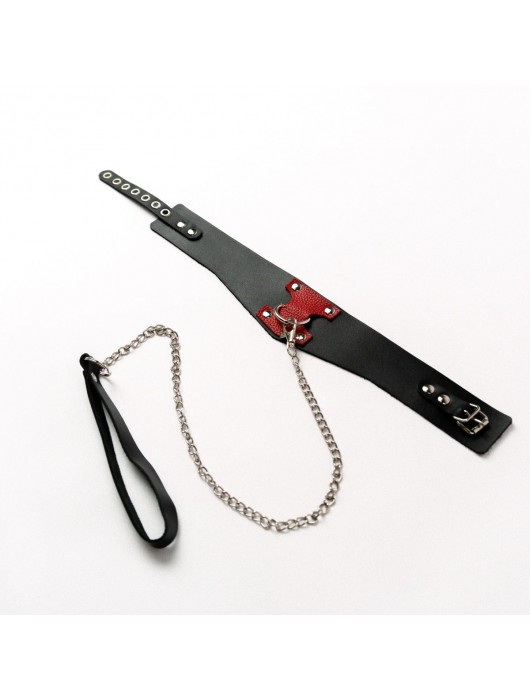 Черный широкий ошейник с красным декором и поводком - Crazy Handmade - купить с доставкой в Красногорске
