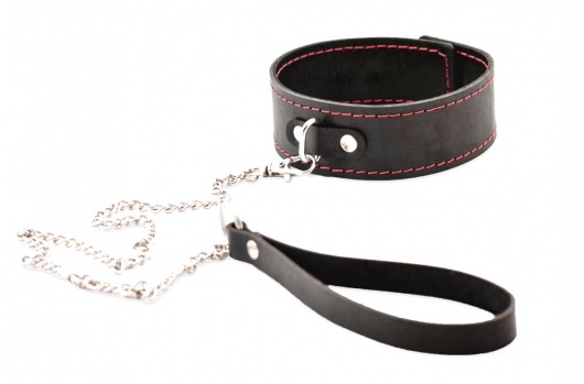 Черный широкий ошейник с красной строчкой и поводком - Crazy Handmade - купить с доставкой в Красногорске