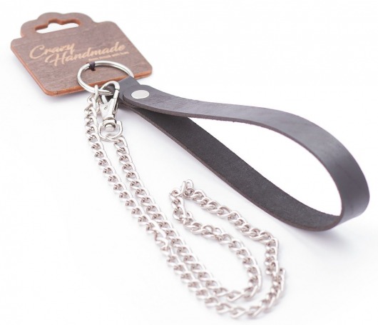 Серебристый металлический поводок с кожаной черной ручкой - 80 см. - Crazy Handmade - купить с доставкой в Красногорске