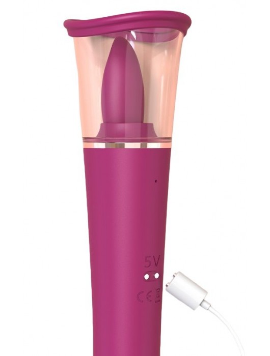 Малиновый двусторонний вибратор с вакуумной помпой и подвижным язычком - 26,7 см. - S-HANDE