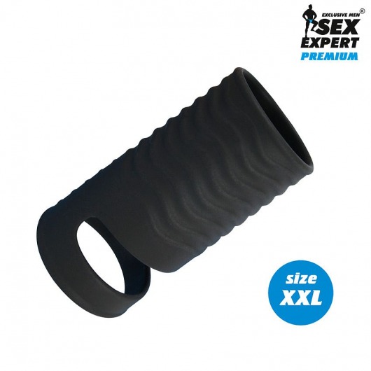 Черная открытая насадка на пенис с кольцом для мошонки XXL-size - 9,4 см. - Sex Expert - в Красногорске купить с доставкой