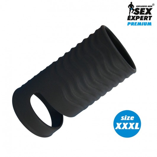 Черная открытая насадка на пенис с кольцом для мошонки XXXL-size - 9,9 см. - Sex Expert - в Красногорске купить с доставкой