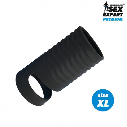 Черная открытая насадка на пенис с кольцом для мошонки XL-size - 8,9 см. - Sex Expert - в Красногорске купить с доставкой