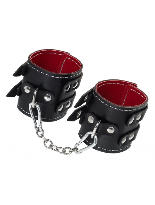 Черные кожаные наручники с двумя ремнями и красной подкладкой - Pecado - купить с доставкой в Красногорске